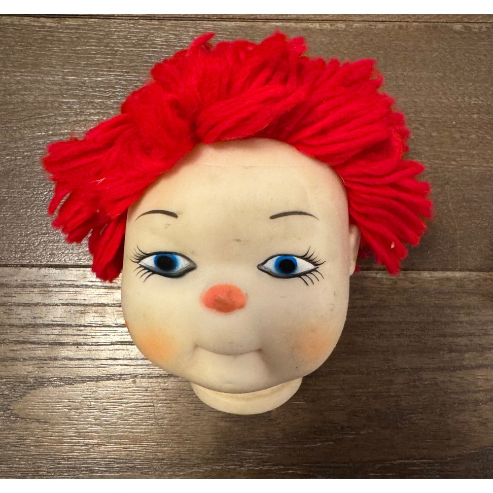 Vintage Red Yarn Hair Doll Head Blue Eyes Painted Face Craft Supply 4.5 Inch